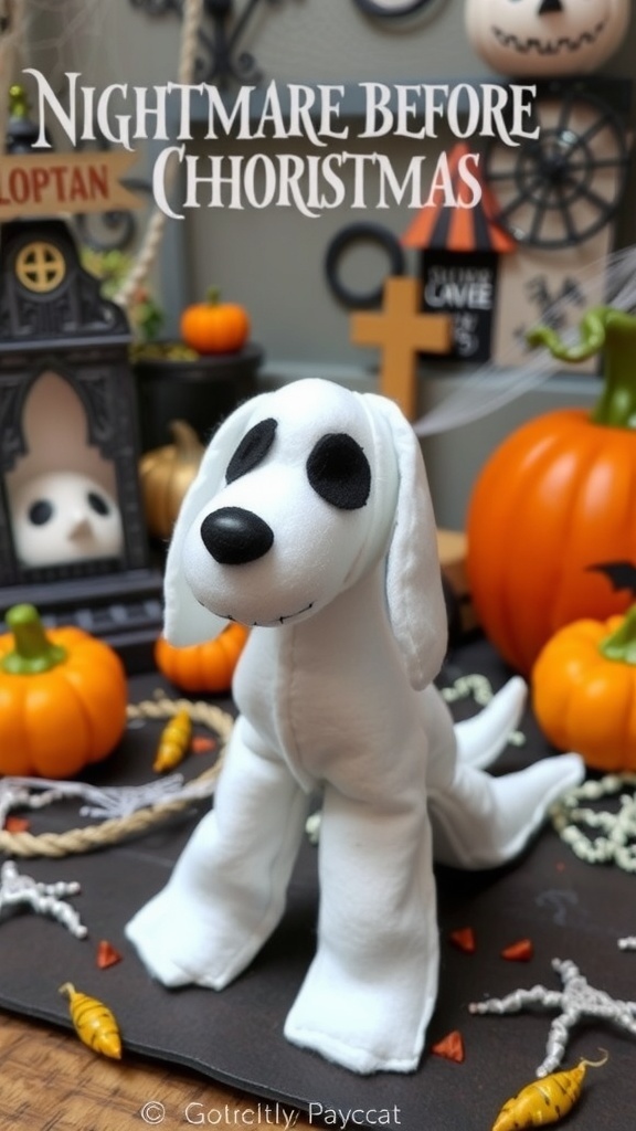 Crafted Zero from Nightmare Before Christmas made of white felt with a pumpkin nose, displayed among Halloween decorations.
